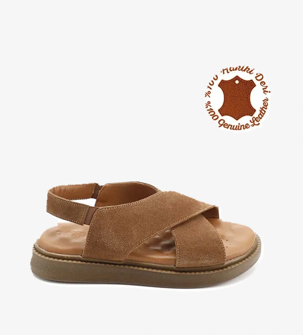 Kadın TABA KAHVE MEL. Çapraz Bantlı Hakiki Deri Comfort Sandalet - Görsel 1