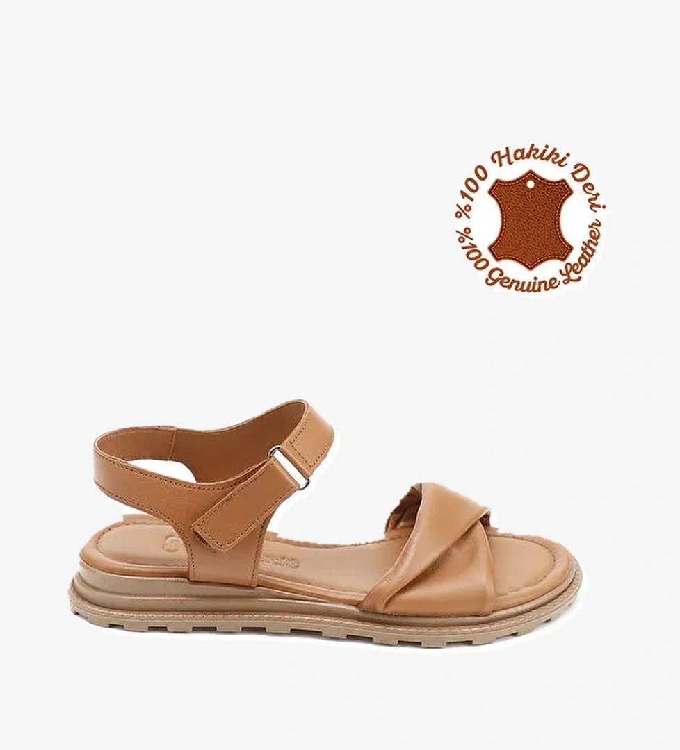 Kadın TABA Cırt Bantlı Hakiki Deri Sandalet - Görsel 1