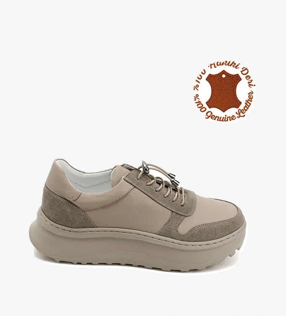 Kadın BEJ Lastik Bağcıklı Comfort Hakiki Deri Sneaker - Görsel 1