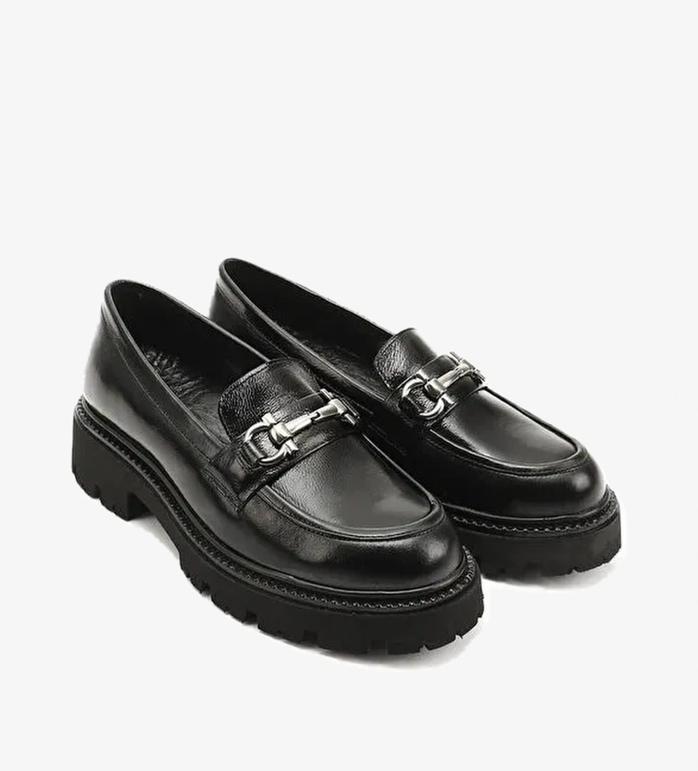 Gonderi(r) Kahverengi Gonderi(r) Orta Kalin Kadın Topuklu Tokalı Hakiki Deri Loafer Ayakkabı