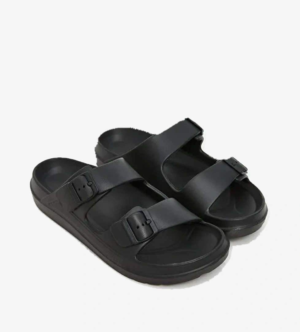 Deri Görünümlü Çift Bantlı Erkek Terlik - Görsel 1