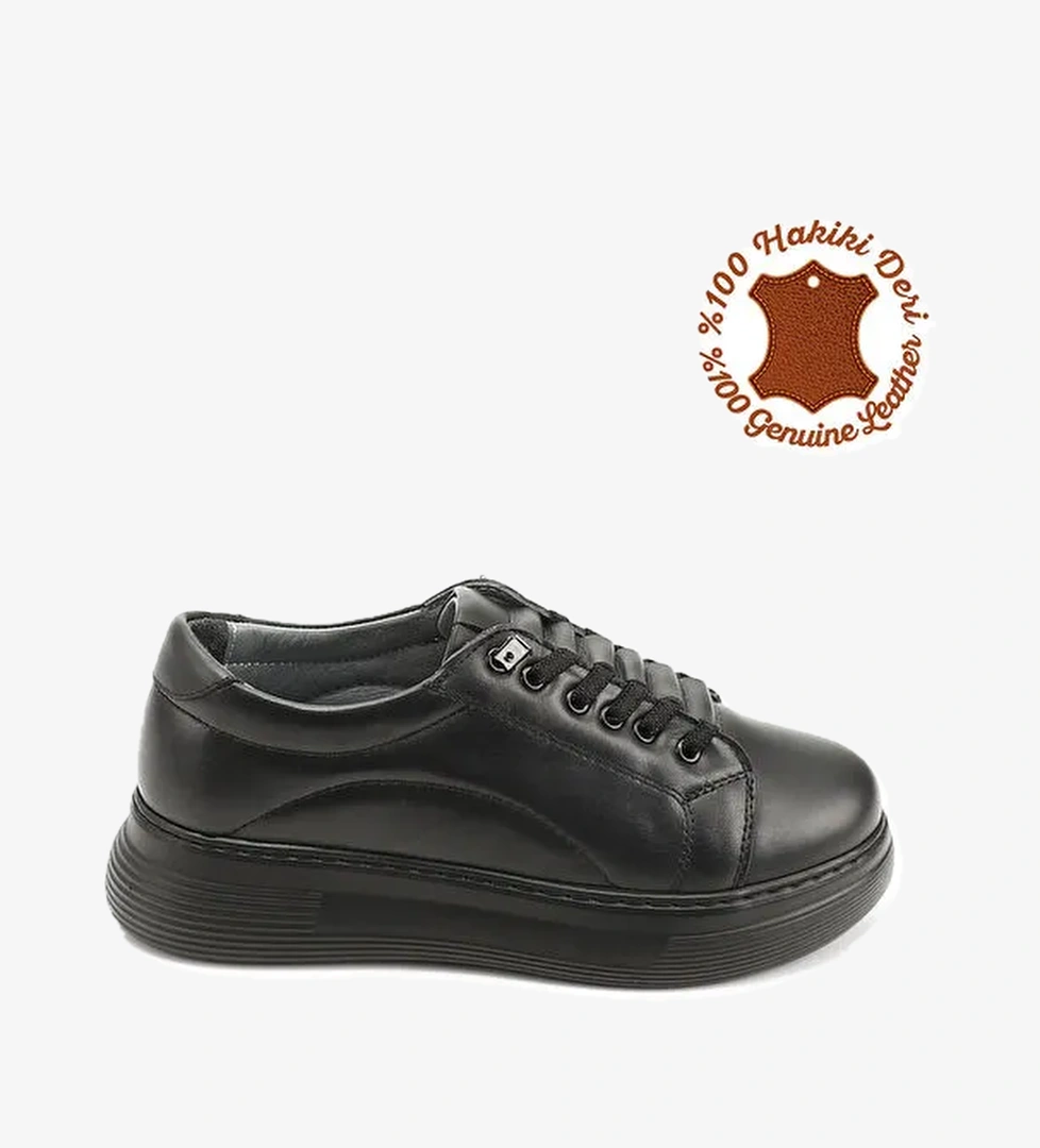 Kadın KOYU SİYAH Lastik Bağcıklı Comfort Hakiki Deri Sneaker - Görsel 1