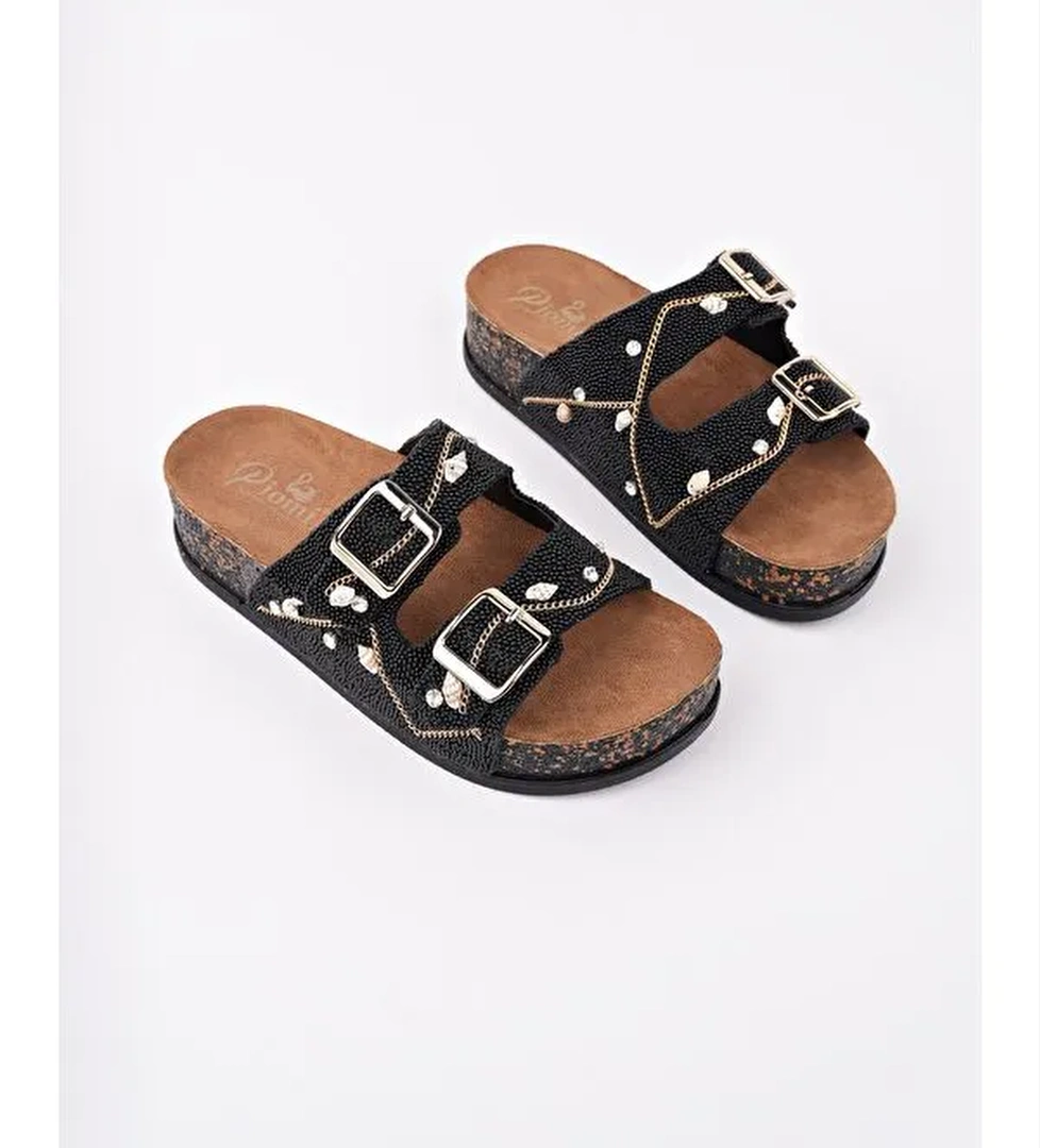 SHEİLA Çift Bantlı Taşlı Ayarlanabilir Kemerli Günlük Kadın Terlik - Görsel 1