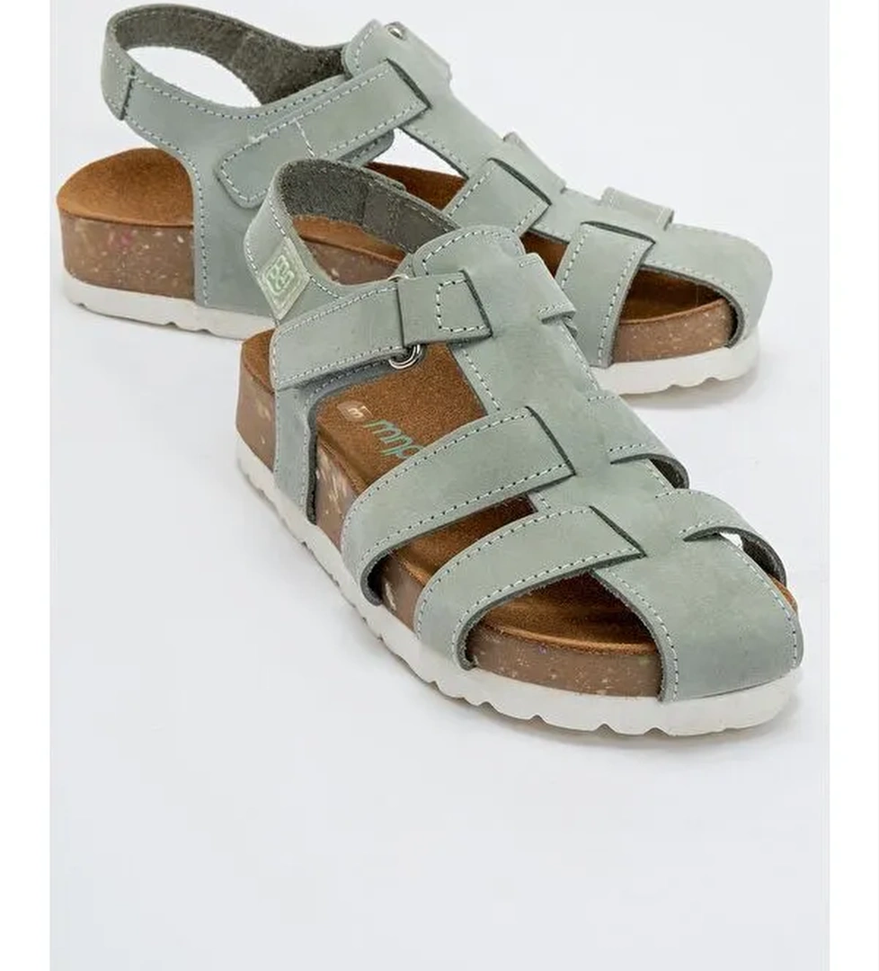 Unisex Çocuk Su Yeşili Hakiki Deri Mantar Tabanlı Günlük Çocuk Sandalet