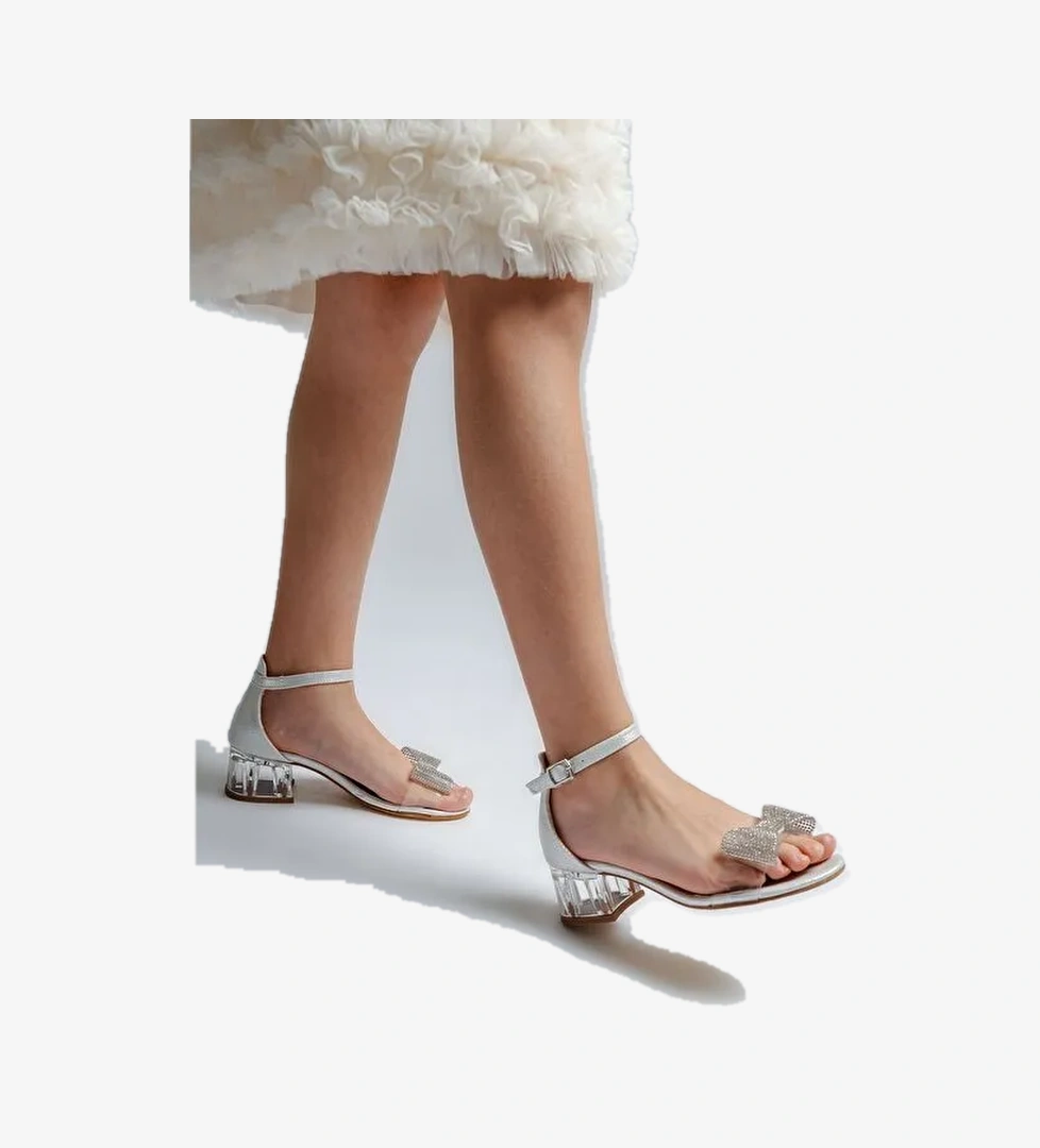 Kız Çocuk Sedef Şeffaf Taşllı Tasarım Abiye Ayakkabı - Görsel 1