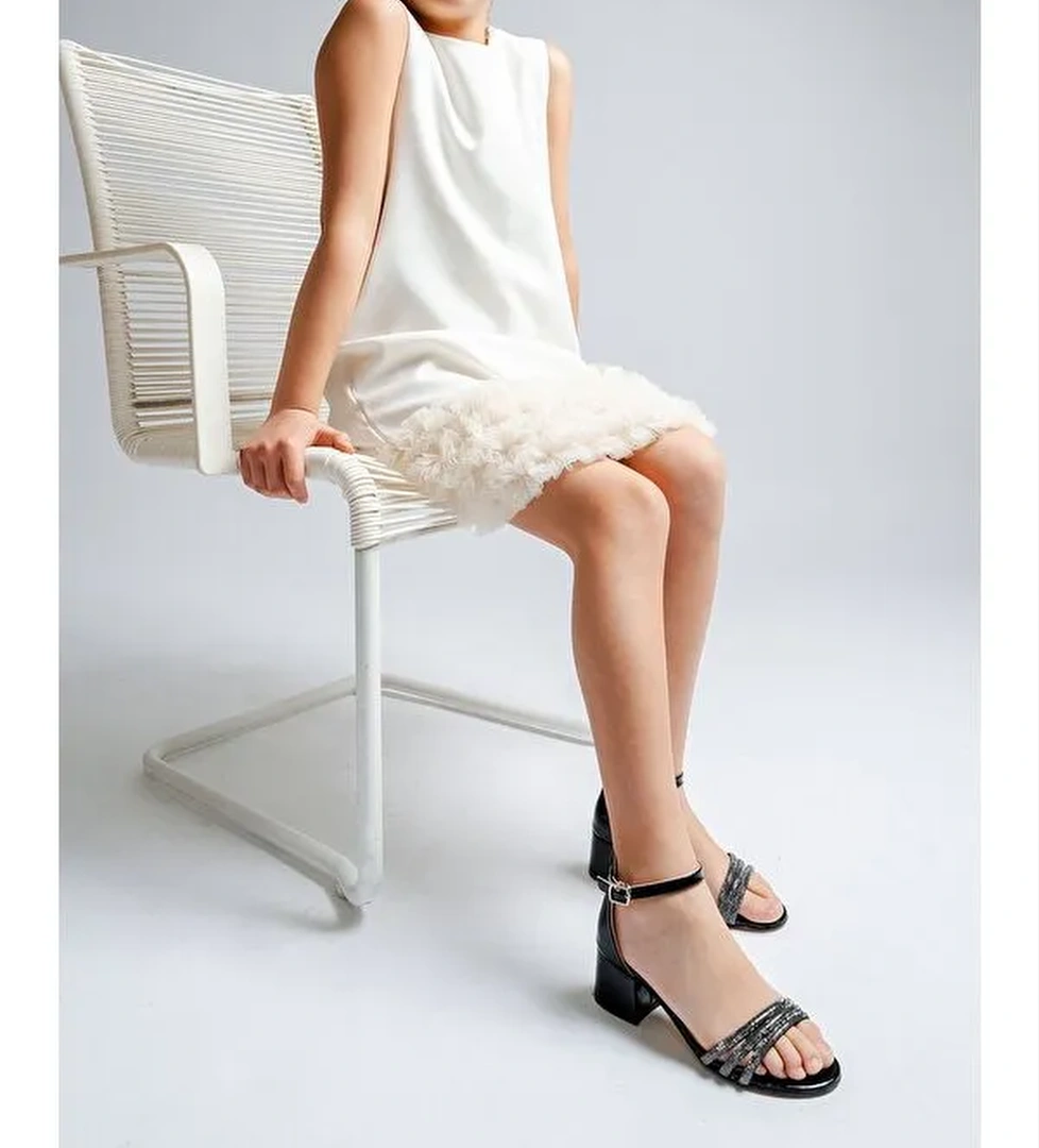 Kız Çocuk Siyah Taşlı Topuklu Abiye Ayakkabı - Görsel 1