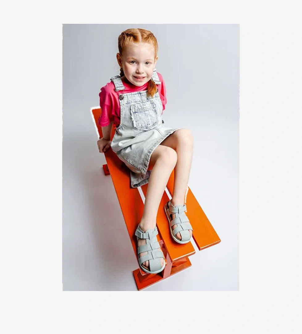 Unisex Çocuk Su Yeşili Hakiki Deri Mantar Tabanlı Günlük Çocuk Sandalet