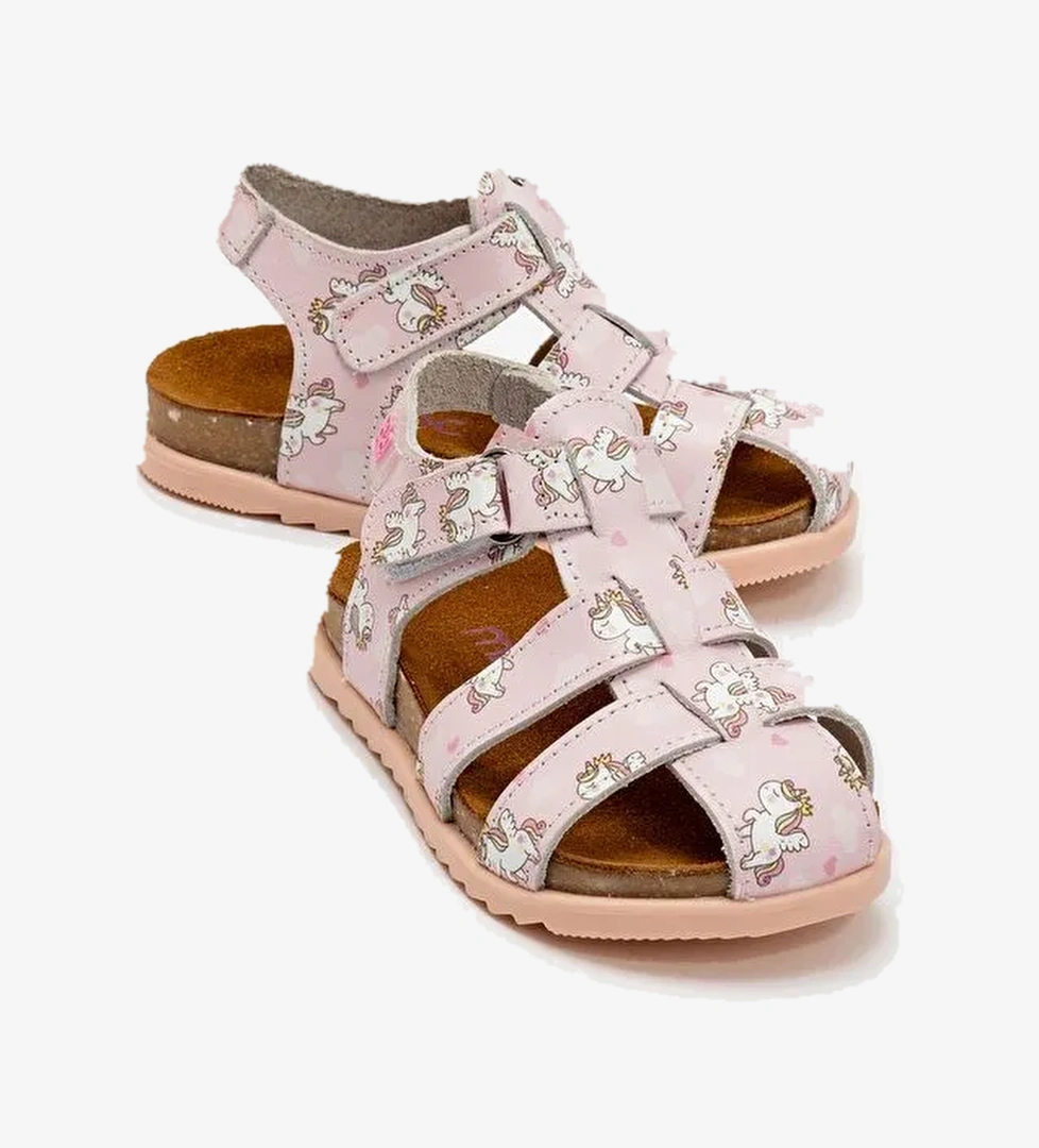 Unisex Çocuk Pudra Hakiki Deri Mantar Tabanlı Günlük Çocuk Sandalet - Görsel 1