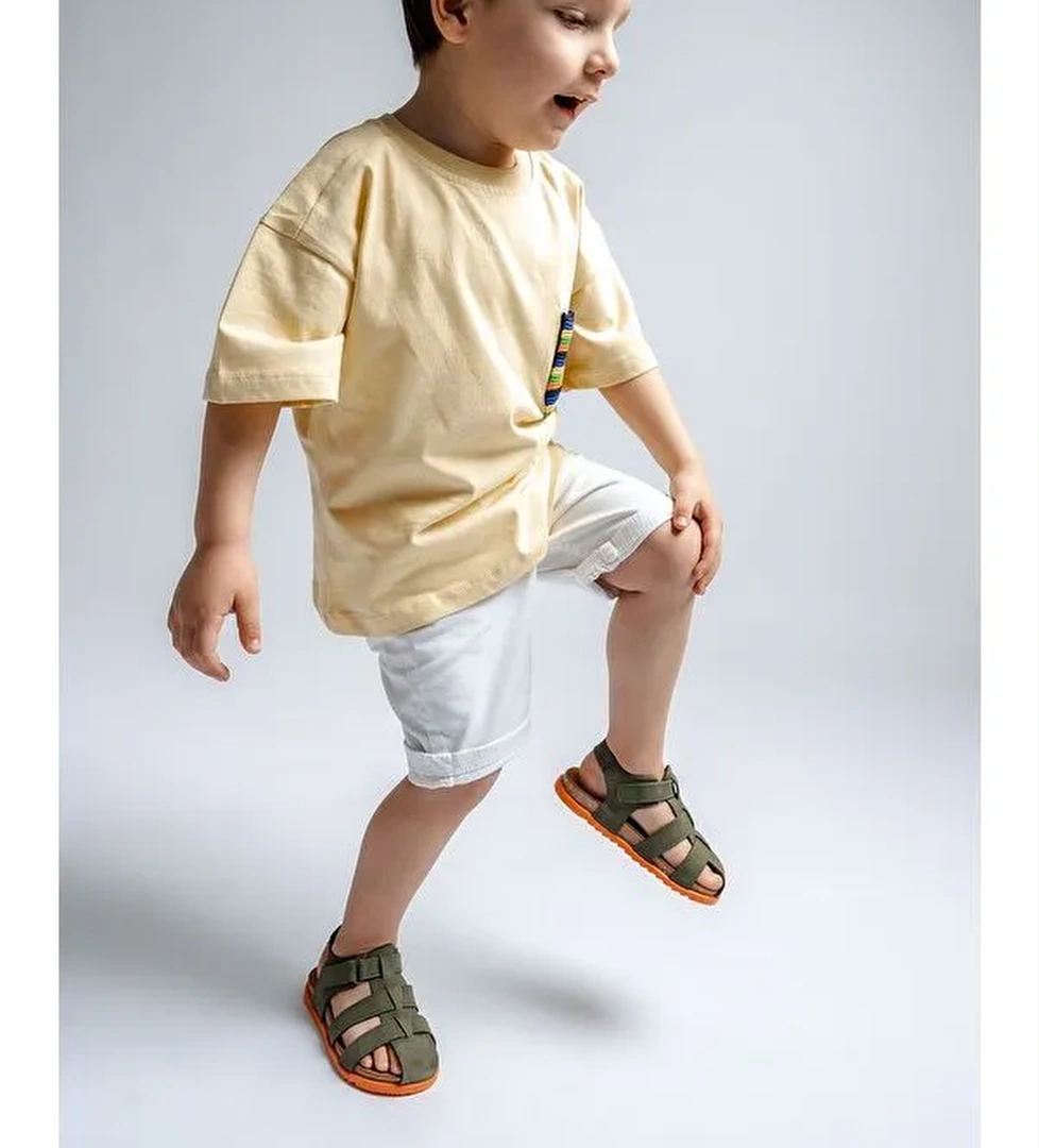 Unisex Çocuk Haki Hakiki Deri Mantar Tabanlı Günlük Çocuk Sandalet - Görsel 1