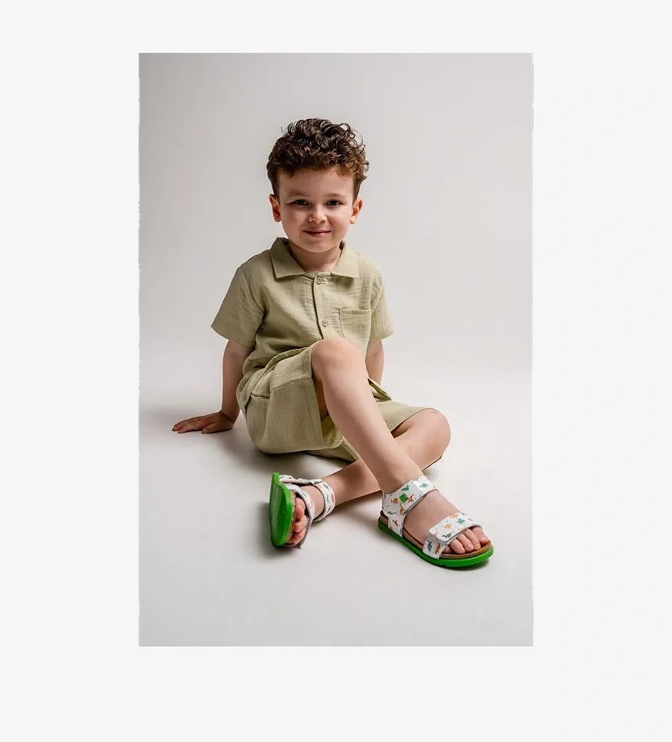 Erkek Çocuk Dino Hakiki Deri Mantar Tabanlı Günlük Çocuk Sandalet - Görsel 1