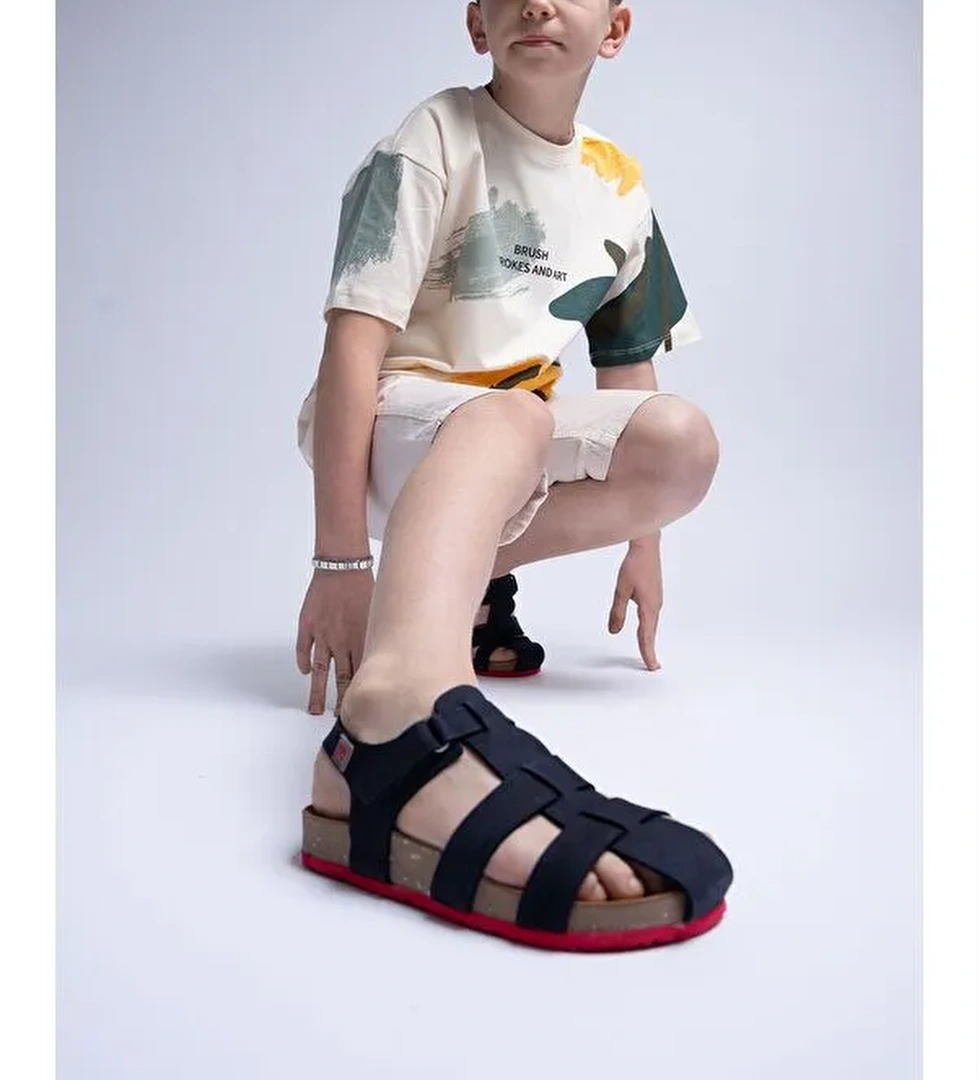 Unisex Çocuk Lacivert Hakiki Deri Mantar Tabanlı Günlük Çocuk Sandalet