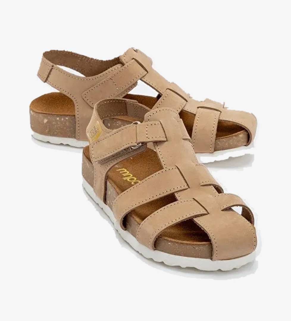 Unisex Çocuk Bej Hakiki Deri Mantar Tabanlı Günlük Çocuk Sandalet - Görsel 1