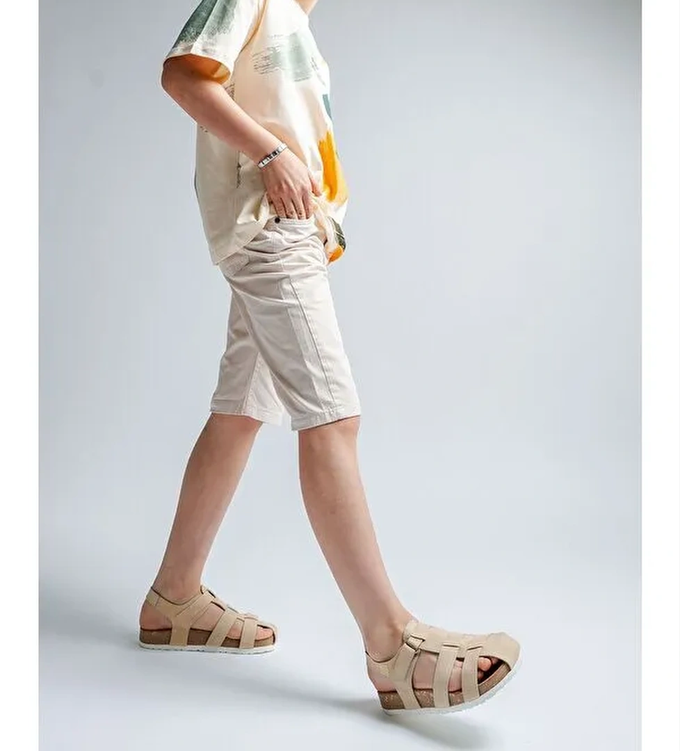 Unisex Çocuk Açık Sarı Hakiki Deri Mantar Tabanlı Günlük Çocuk Sandalet - Görsel 1