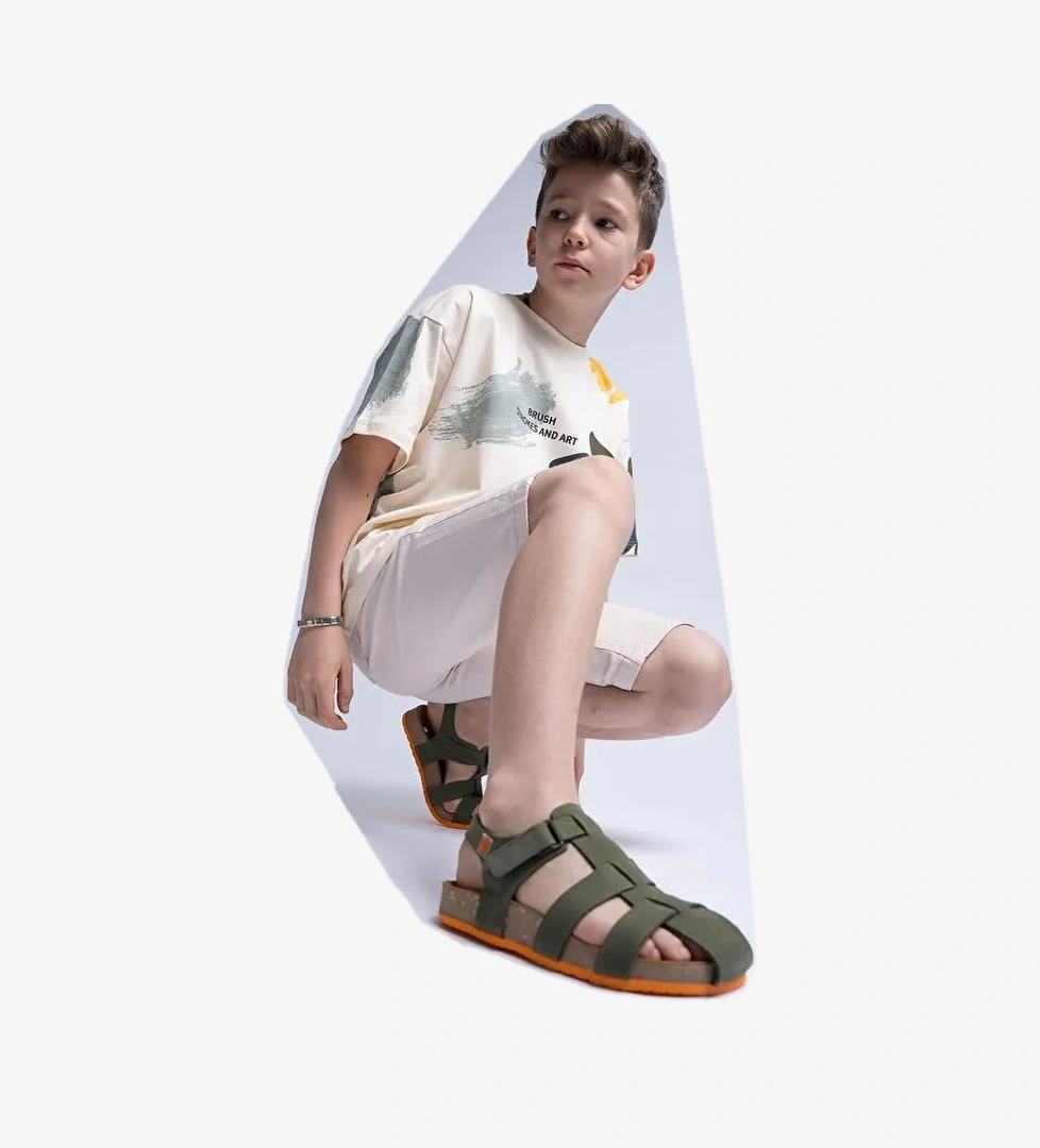 Unisex Çocuk Haki Hakiki Deri Mantar Tabanlı Günlük Çocuk Sandalet - Görsel 1