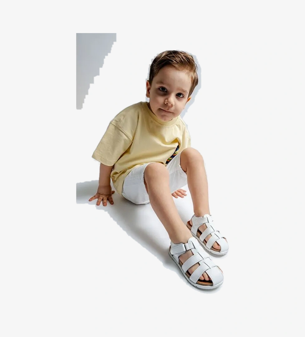 Unisex Çocuk Beyaz Hakiki Deri Mantar Tabanlı Günlük Çocuk Sandalet - Görsel 1
