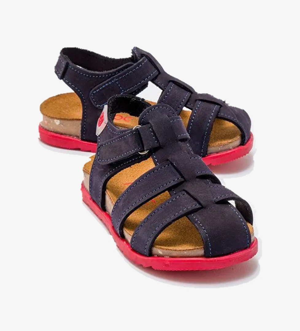 Unisex Çocuk Lacivert Hakiki Deri Mantar Tabanlı Günlük Çocuk Sandalet