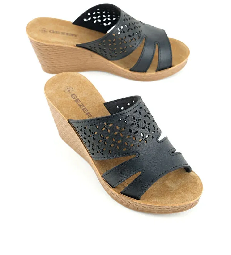 Kadın Yazlık Suni Deri Rahat Taban Lazer Kesim Tasarım Yüksek Topuk Günlük Terlik - Görsel 1