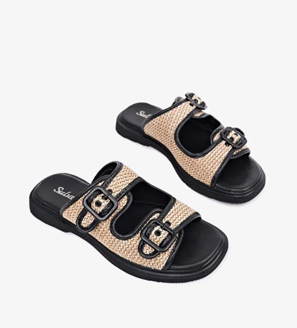 SARLE Çift Bantlı Ayarlanabilir Kemerli Kadın Günlük Hasır Terlik