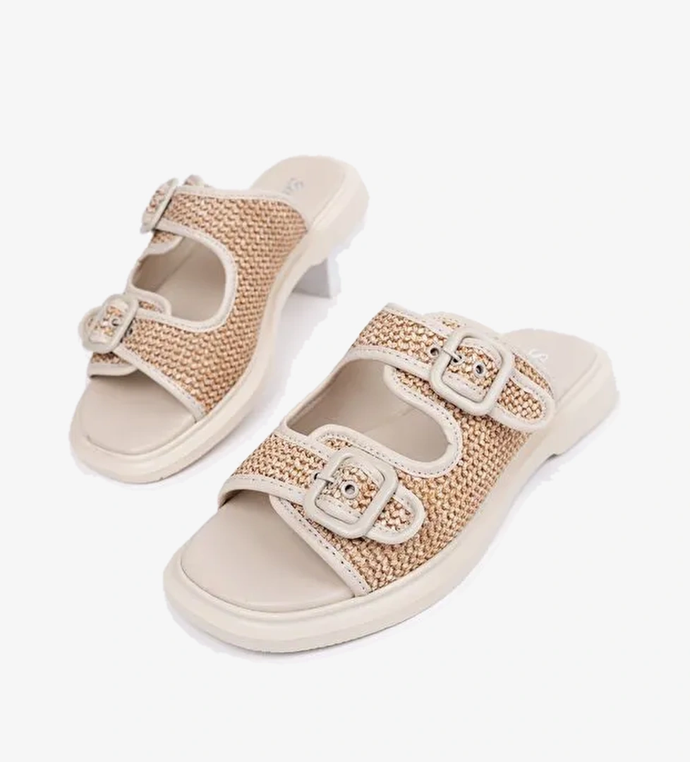 SARLE Çift Bantlı Ayarlanabilir Kemerli Kadın Günlük Hasır Terlik