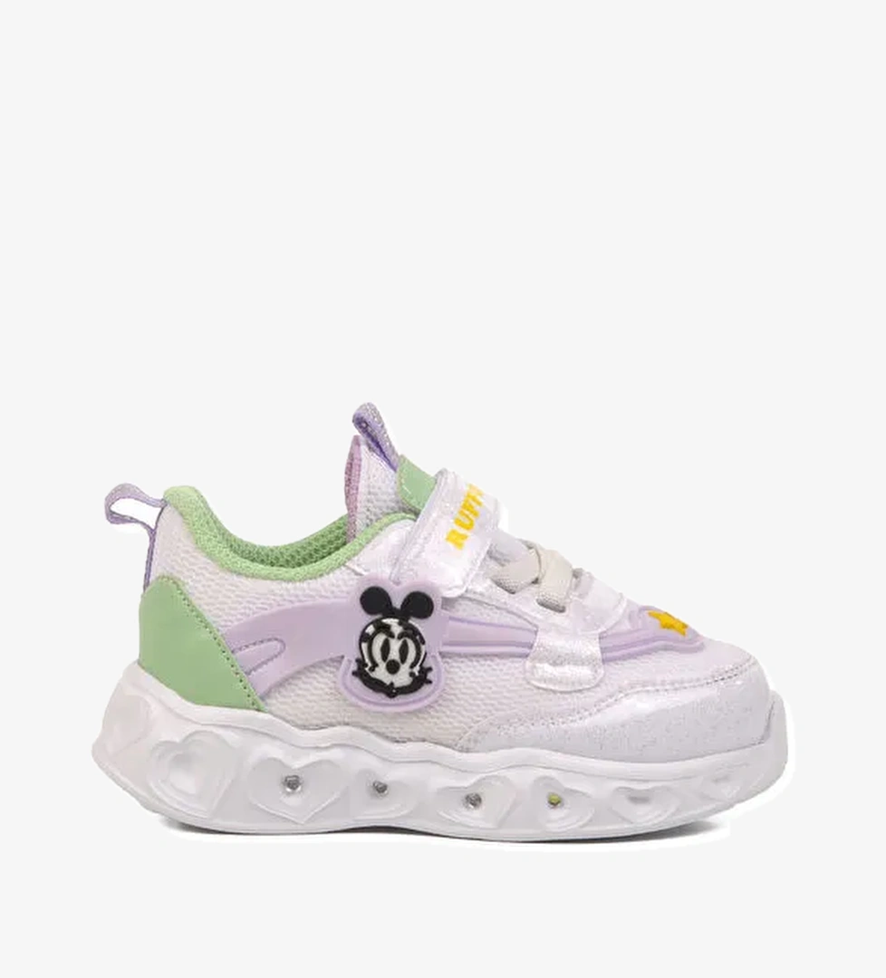 Beyaz Yeşil Cırtlı Işıklı Hafif Kız Çocuk Spor Ayakkabı Ruffon B