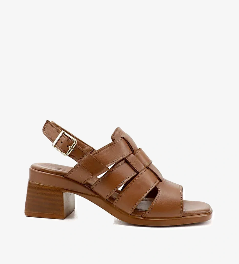 Kadın TABA Örgü Bantlı Kalın Topuklu Hakiki Deri Sandalet - Görsel 1