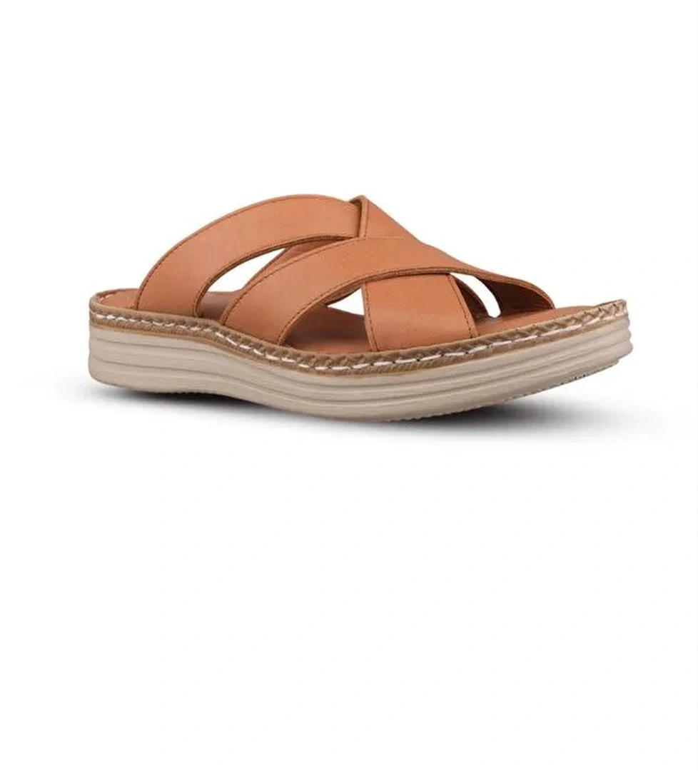 Kadın Günlük Terlik - Taba, Deri