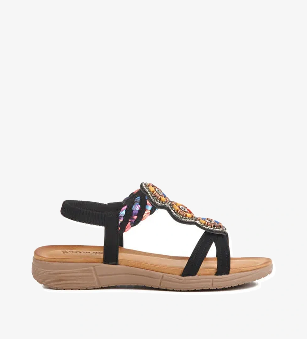 Siyah Hakiki Deri Taş İşlemeli Hafif Kadın Sandalet B096 Z