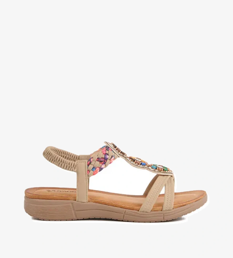 Bej Hakiki Deri Taş İşlemeli Hafif Kadın Sandalet B096 Z