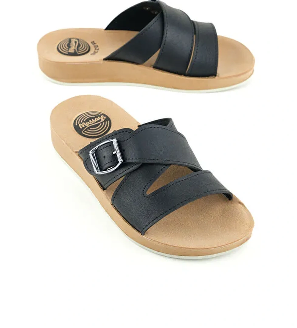 Kadın Yazlık Alt Taban PU Suni Deri Tek Toka Ayarlanabilir Rahat Masaj Taban Günlük Terlik - Görsel 1