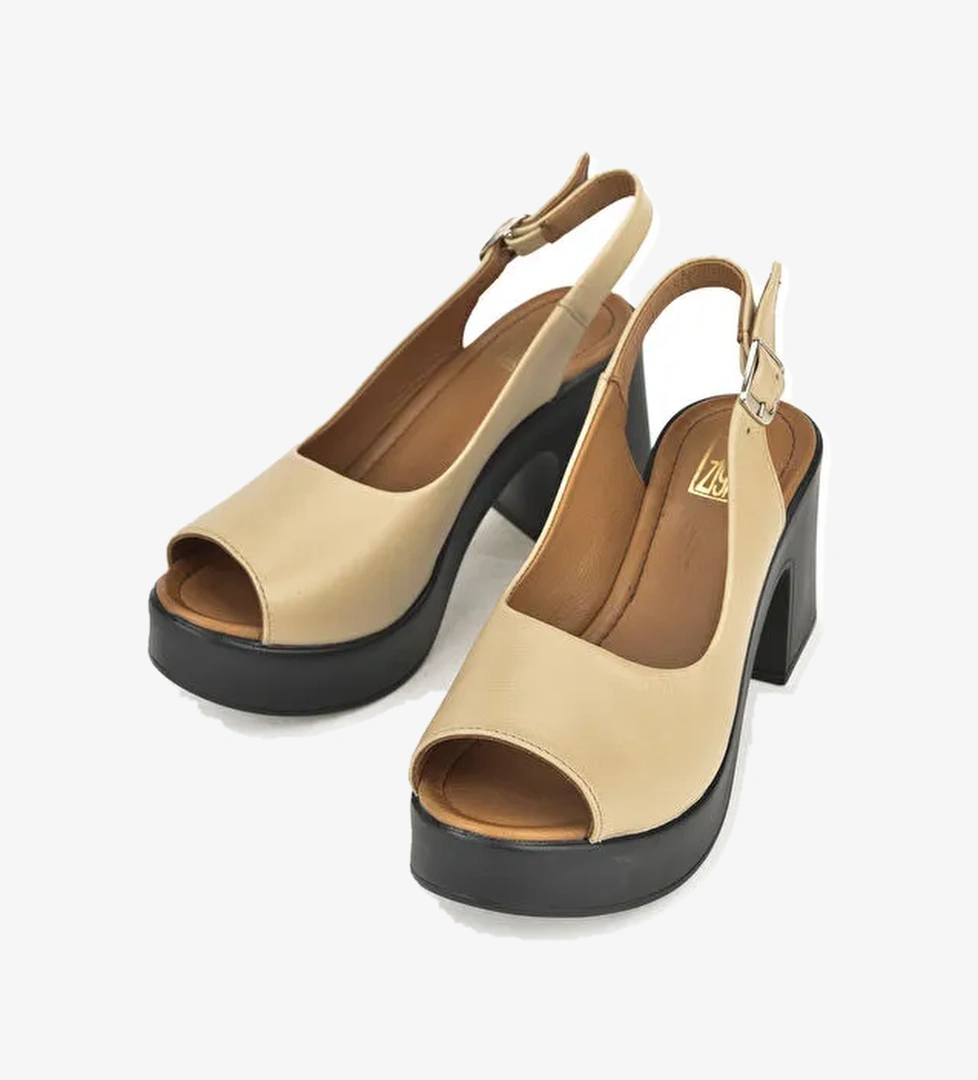 Kadın Hakiki Deri Topuklu Sandalet 151992Z28003 Bej