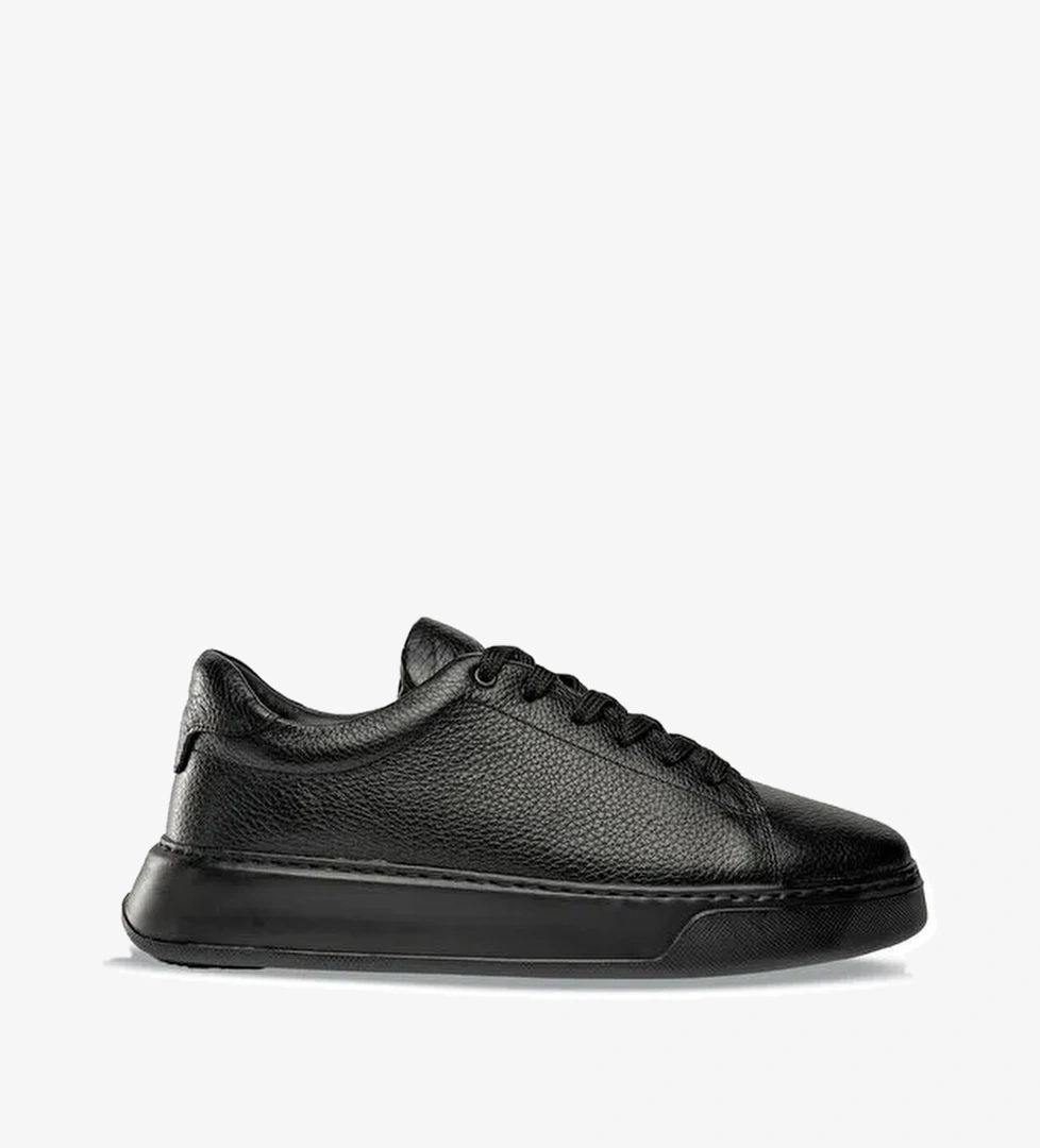 Siyah Casual Bağcıklı Deri Sneakers - Görsel 1