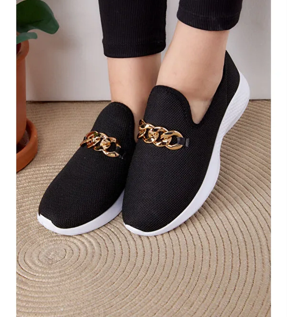 Kadın Siyah Beyaz Zincir Tokalı Spor Ayakkabı - 27069