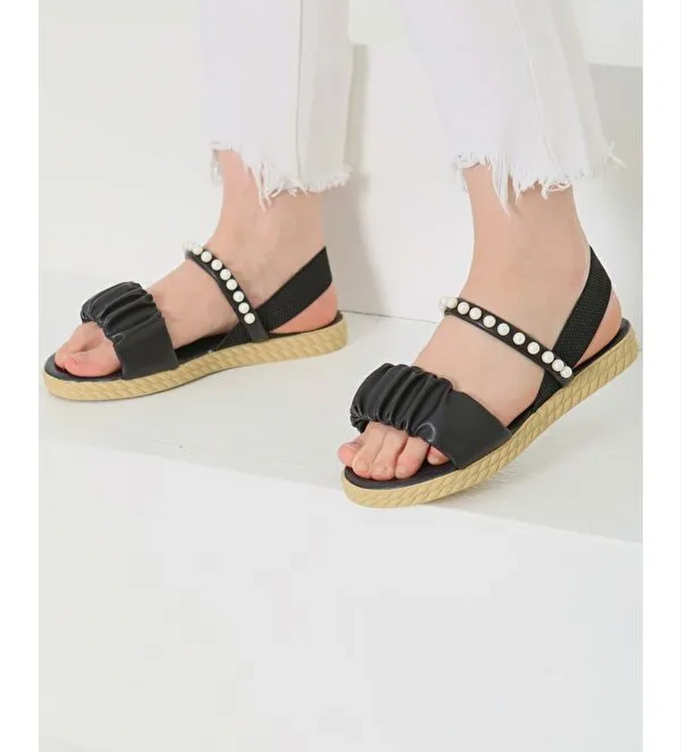 Kadın Siyah Lastili İncili Sandelet - 27108