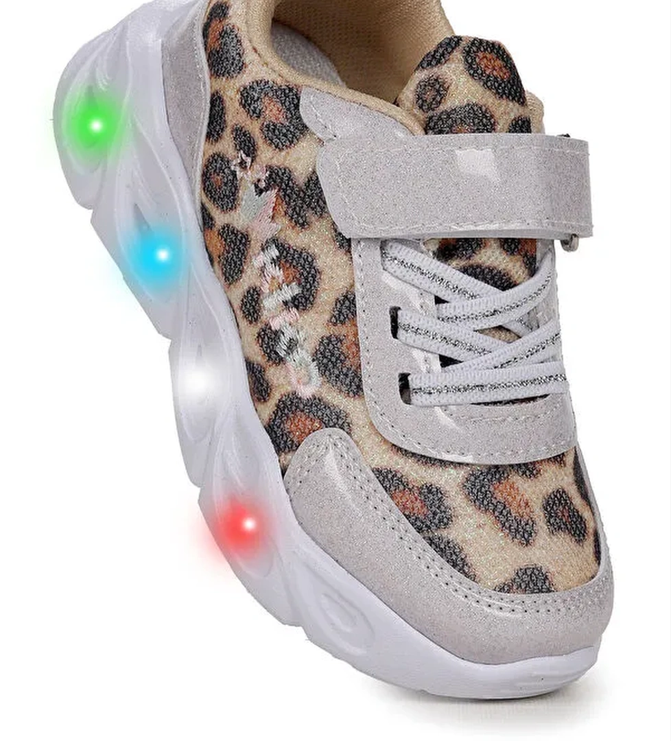 Teno Leopar Desenli Cırtlı Işıklı Kız Bebek Spor Ayakkabı