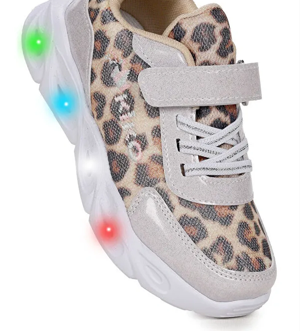 Teno Leopar Desenli Cırtlı Işıklı Kız Çocuk Spor Ayakkabı