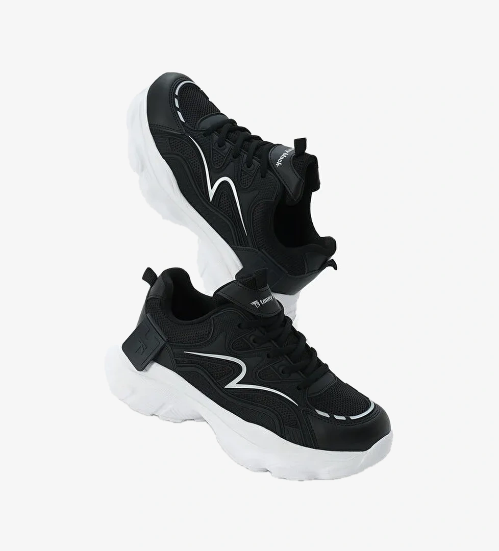 Kadın Siyah Beyaz Yüksek EVA Faylon Taban Nefes Alabilen Kumaş Desenli Bağcıklı Spor Ayakkabı