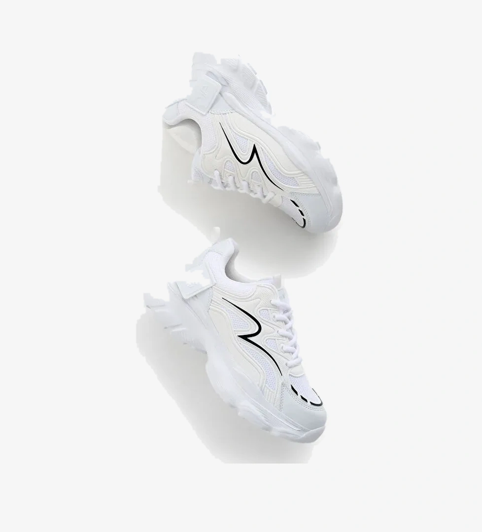 Kadın Beyaz Siyah Yüksek EVA Faylon Taban Nefes Alabilen Kumaş Desenli Bağcıklı Spor Ayakkabı