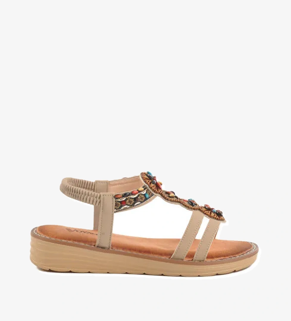 Bej Hakiki Deri Taş İşlemeli Kadın Sandalet 9634 Z