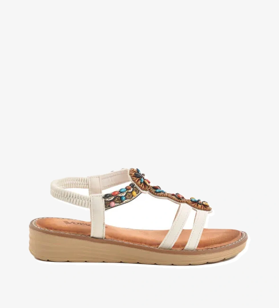 Beyaz Hakiki Deri Taş İşlemeli Kadın Sandalet 9634 Z
