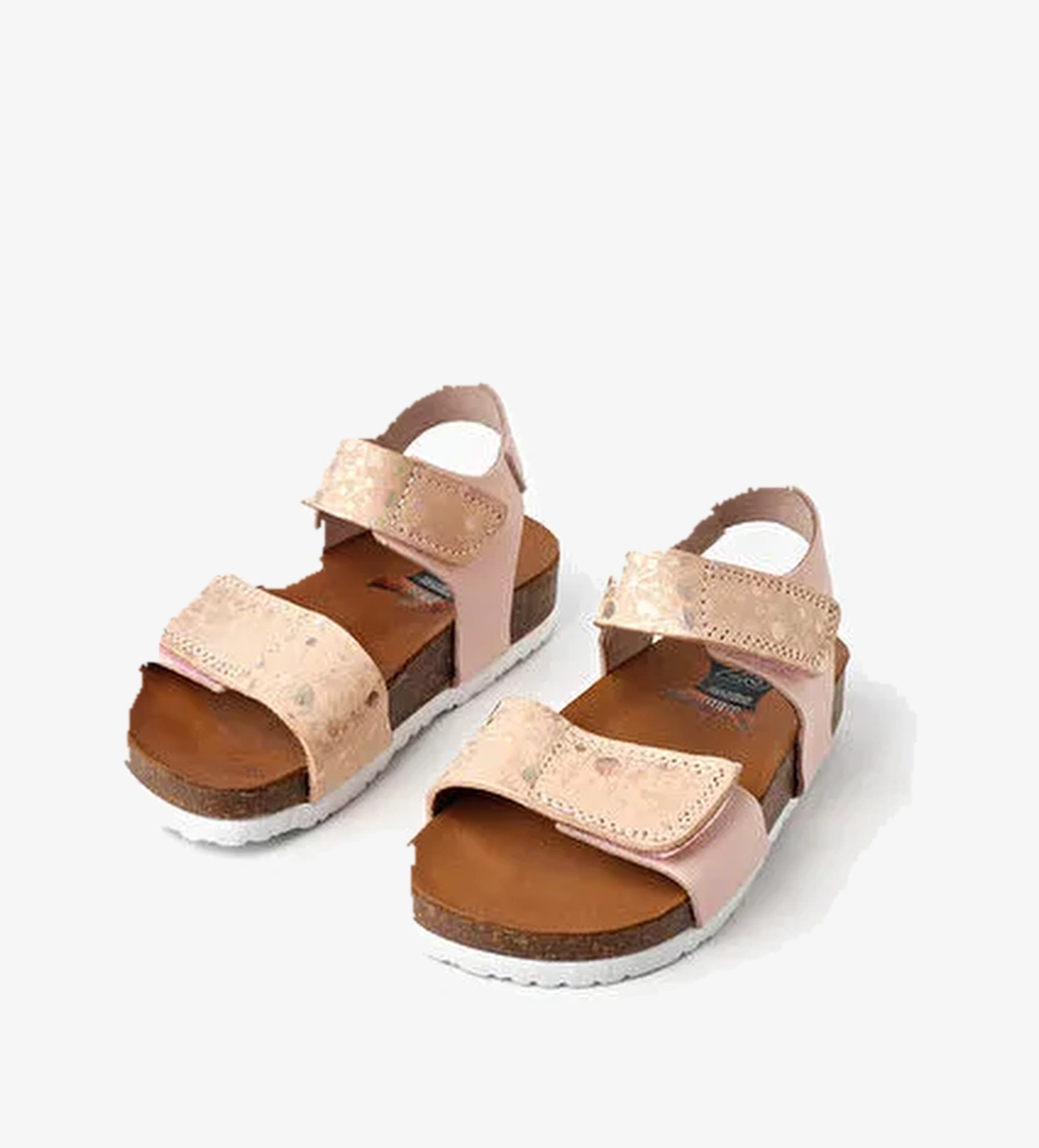 Pembe Bilekte Şeritli Kız Çocuk Deri Sandalet - Görsel 1