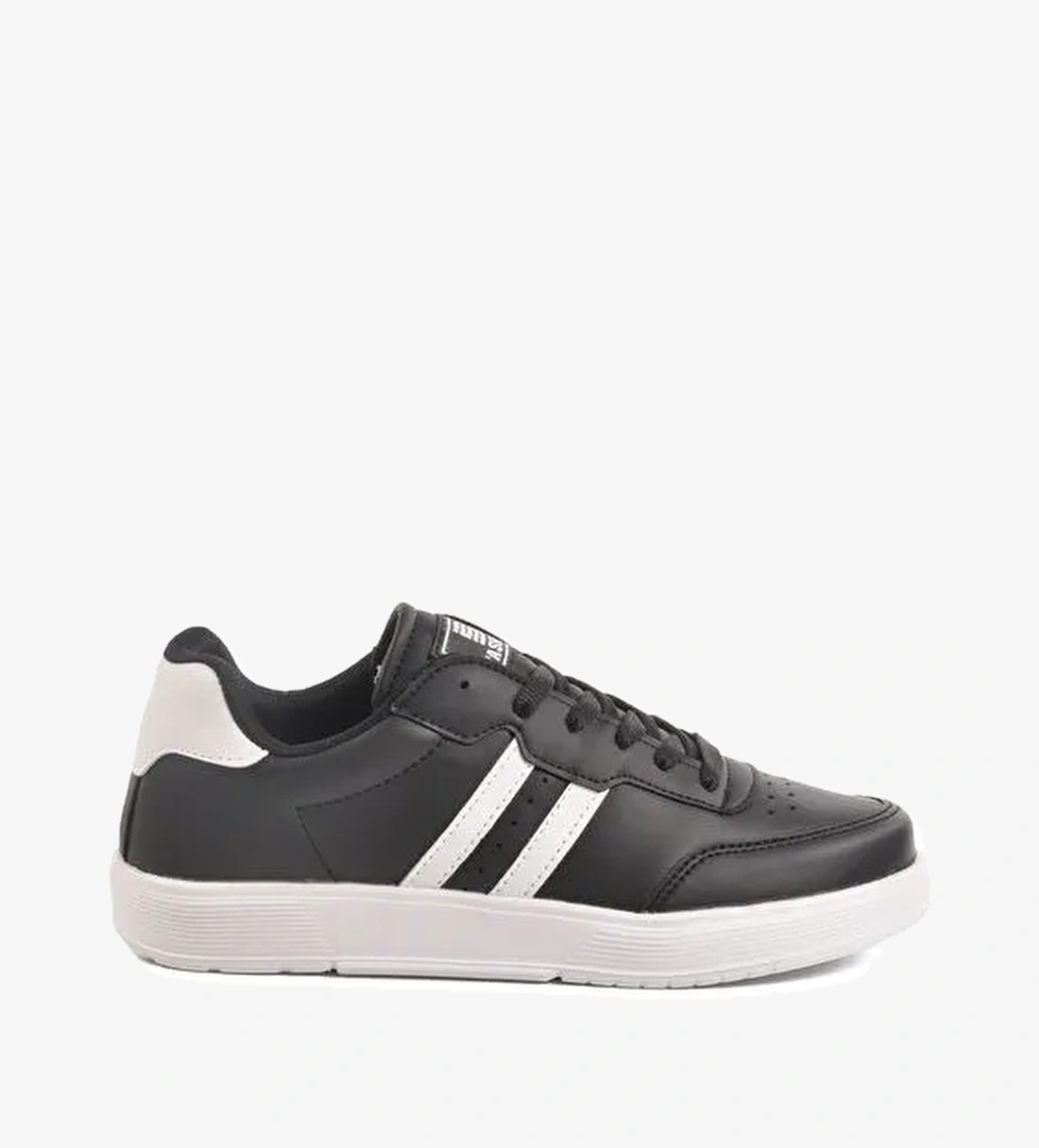 Siyah Beyaz Bağcıklı Unisex Cilt Spor Ayakkabı 163 G - Görsel 1