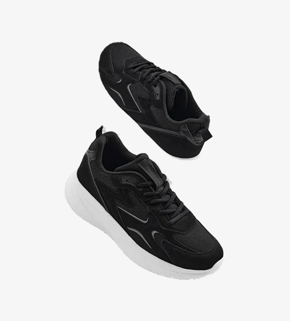 Erkek Siyah Beyaz Faylon Taban Nefes Alabilen Kumaş Reflektörlü Dalgalı Desenli Spor Ayakkabı