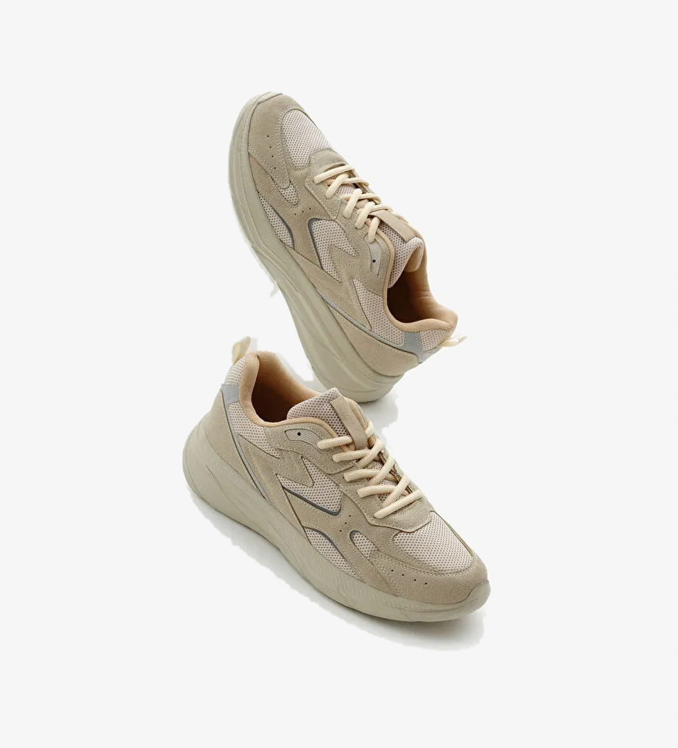 Erkek Bej Faylon Taban Nefes Alabilen Kumaş Reflektörlü Dalgalı Desenli Spor Ayakkabı