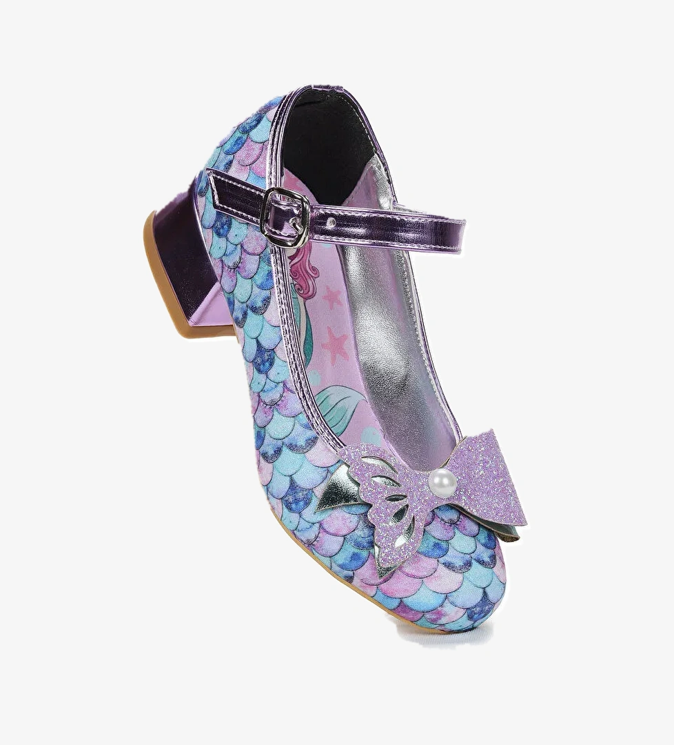 Deniz Kızı İnci Fiyonklu Simli Kız Çocuk Topuklu Abiye Ayakkabı - Görsel 1