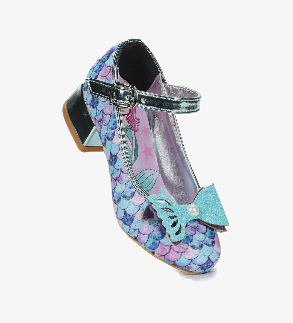 Deniz Kızı İnci Fiyonklu Simli Kız Çocuk Topuklu Abiye Ayakkabı