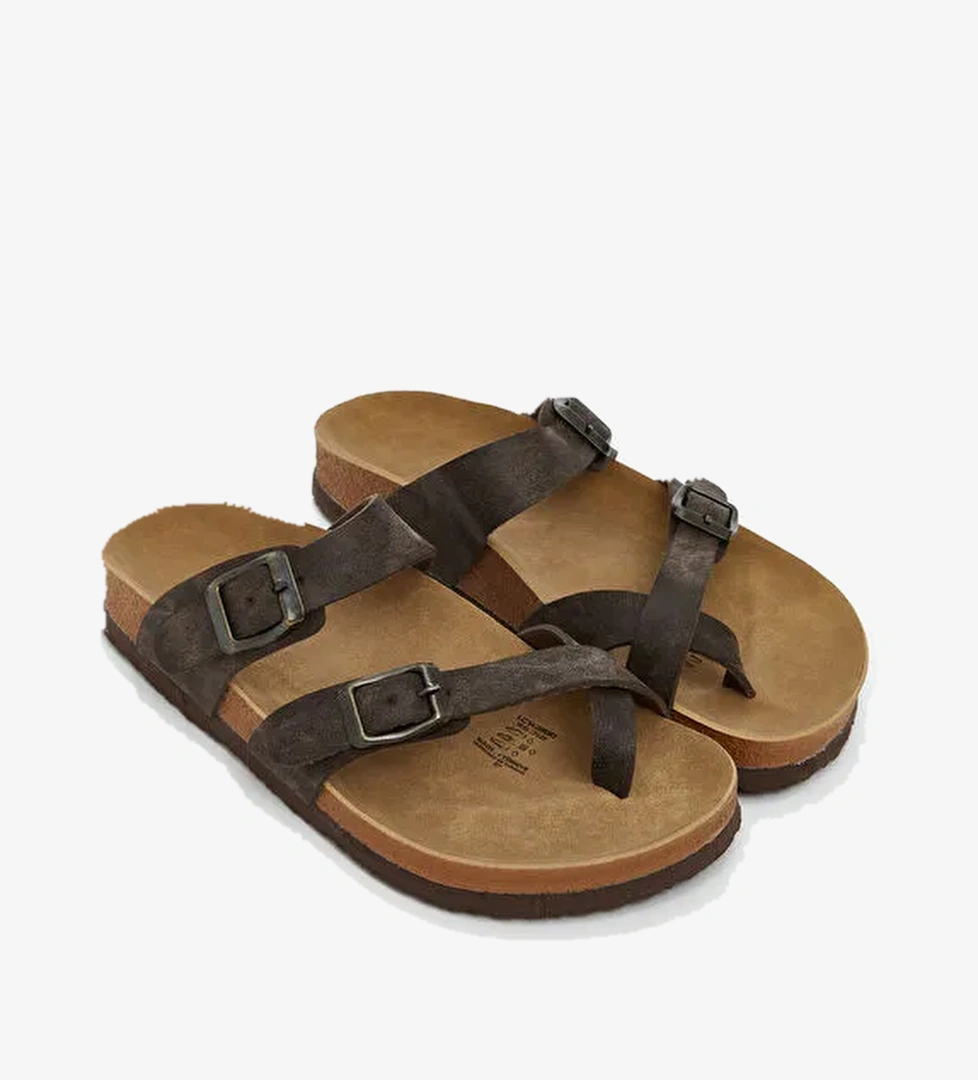 Deri Görünümlü Çift Bantlı Kadın Terlik - Görsel 1