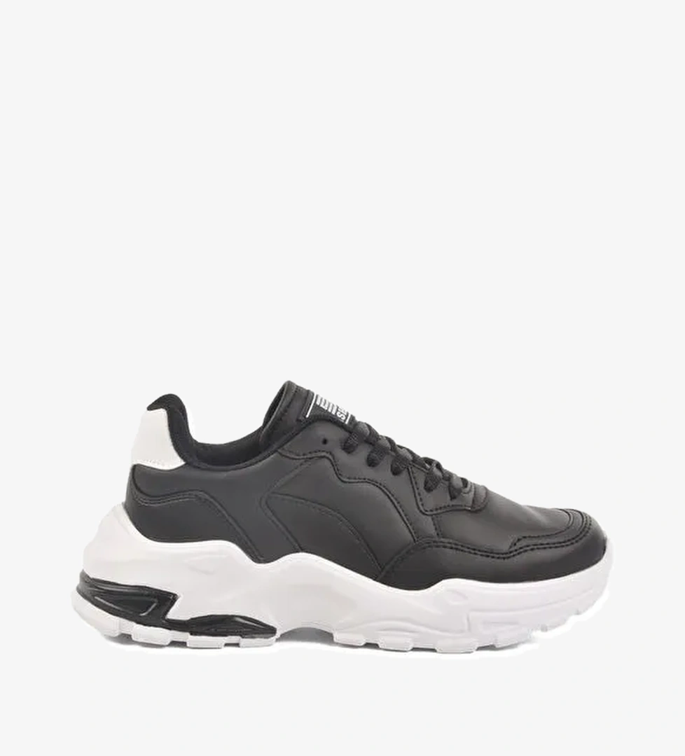 Siyah Beyaz Cilt Bağcıklı Kadın Spor Ayakkabı 159 G