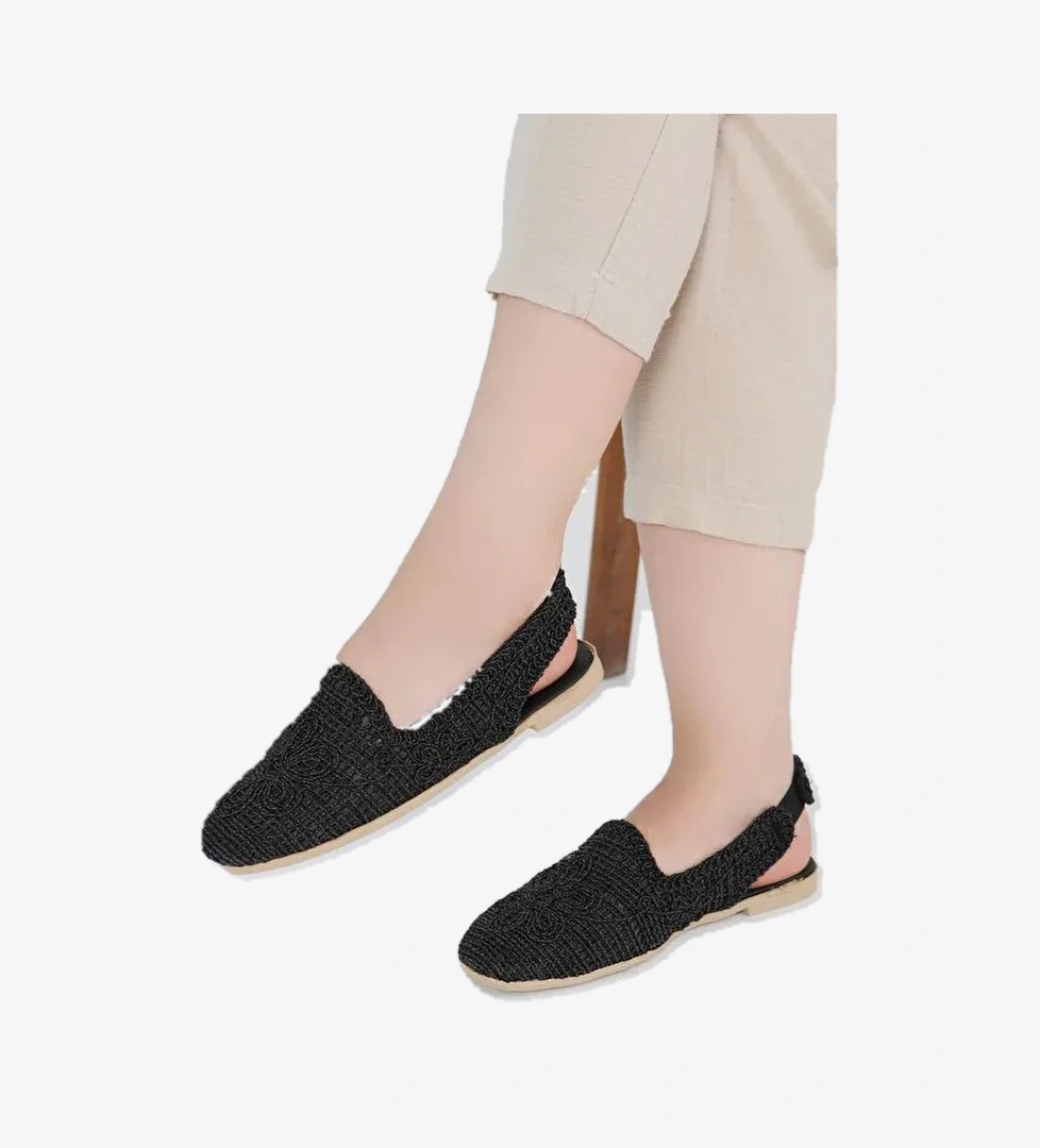 Kadın Siyah Nakış Hasırlı Sandalet - 27482 - Görsel 1