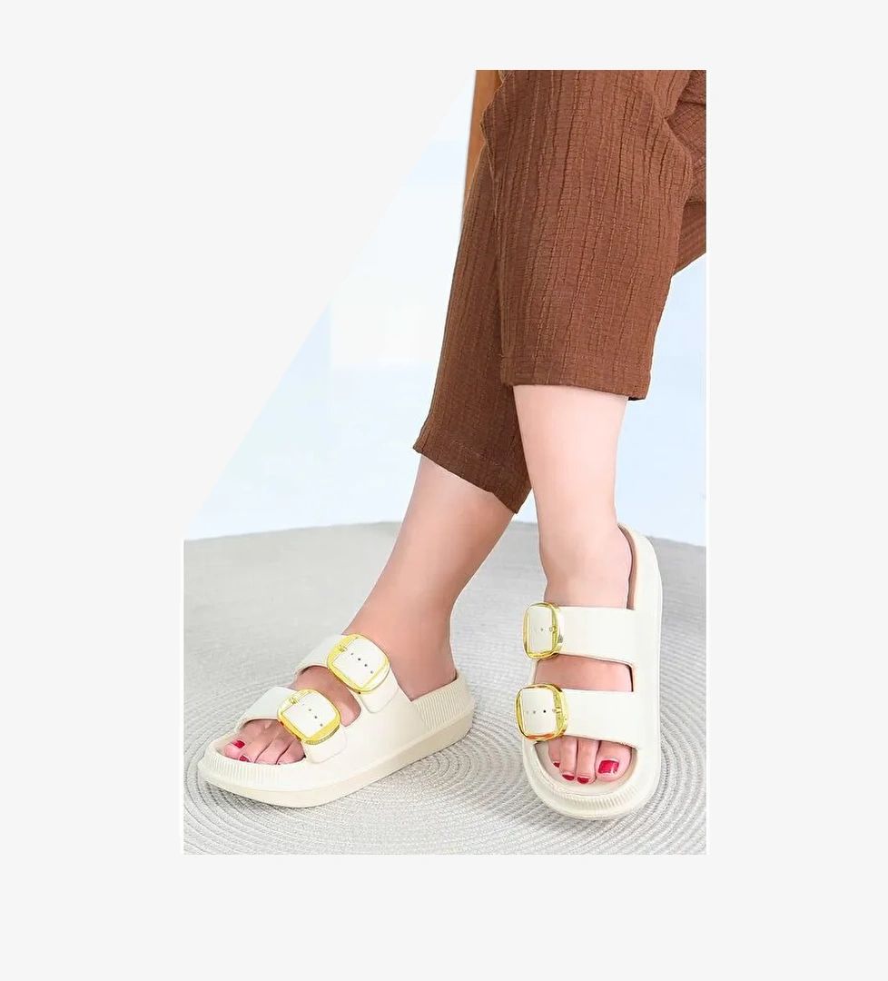 Kadın Krem Çift Kemerli Terlik - 27565 - Görsel 1