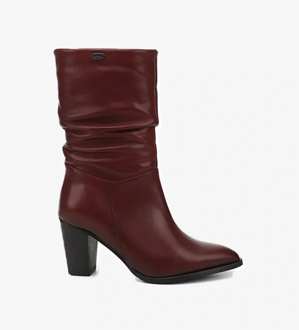 Kadın BORDO Sivri Burun Körüklü Kalın Topuklu Hakiki Deri Çizme